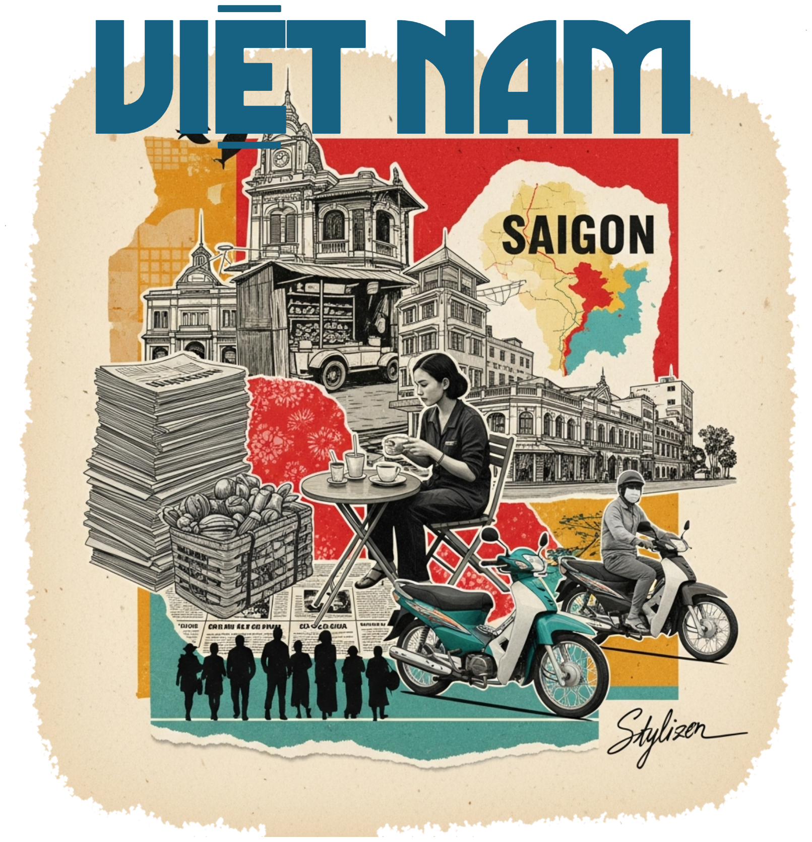Áo Thun Kem Việt Nam Vintage Saigon Collage Art - 030426-14-07-AGJ