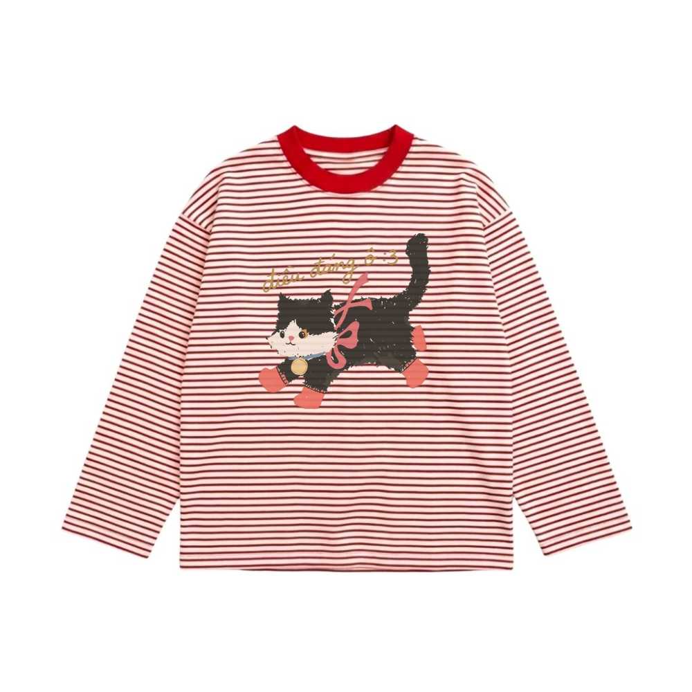 Áo Thun Tay Dài Sọc Unisex Form Rộng Hình Mèo Đeo Ủng Dễ Thương Style Ulzzang Vintage - 081026-14-52-MML