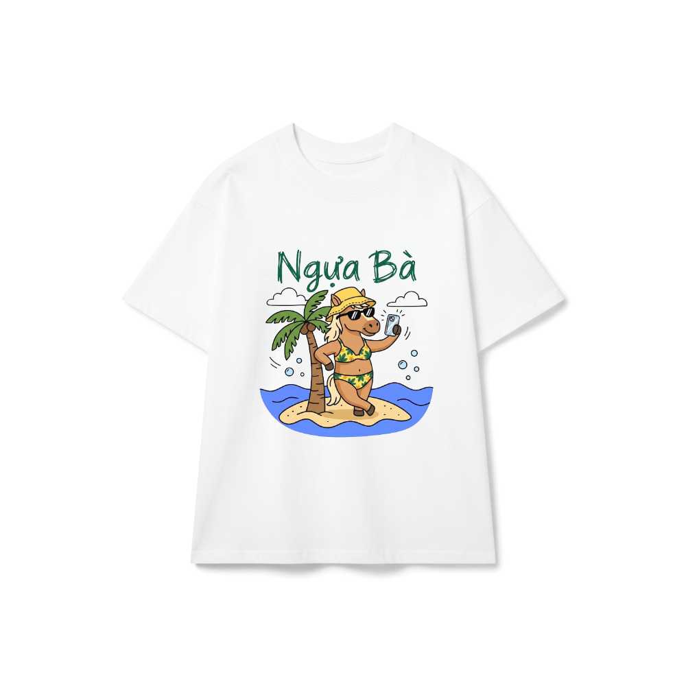 Áo thun tay lỡ unisex VNXK HAMCHOI Trắng form rộng oversize dáng basic Summer Horse Selfie Tee - 090726-14-41-DTQ