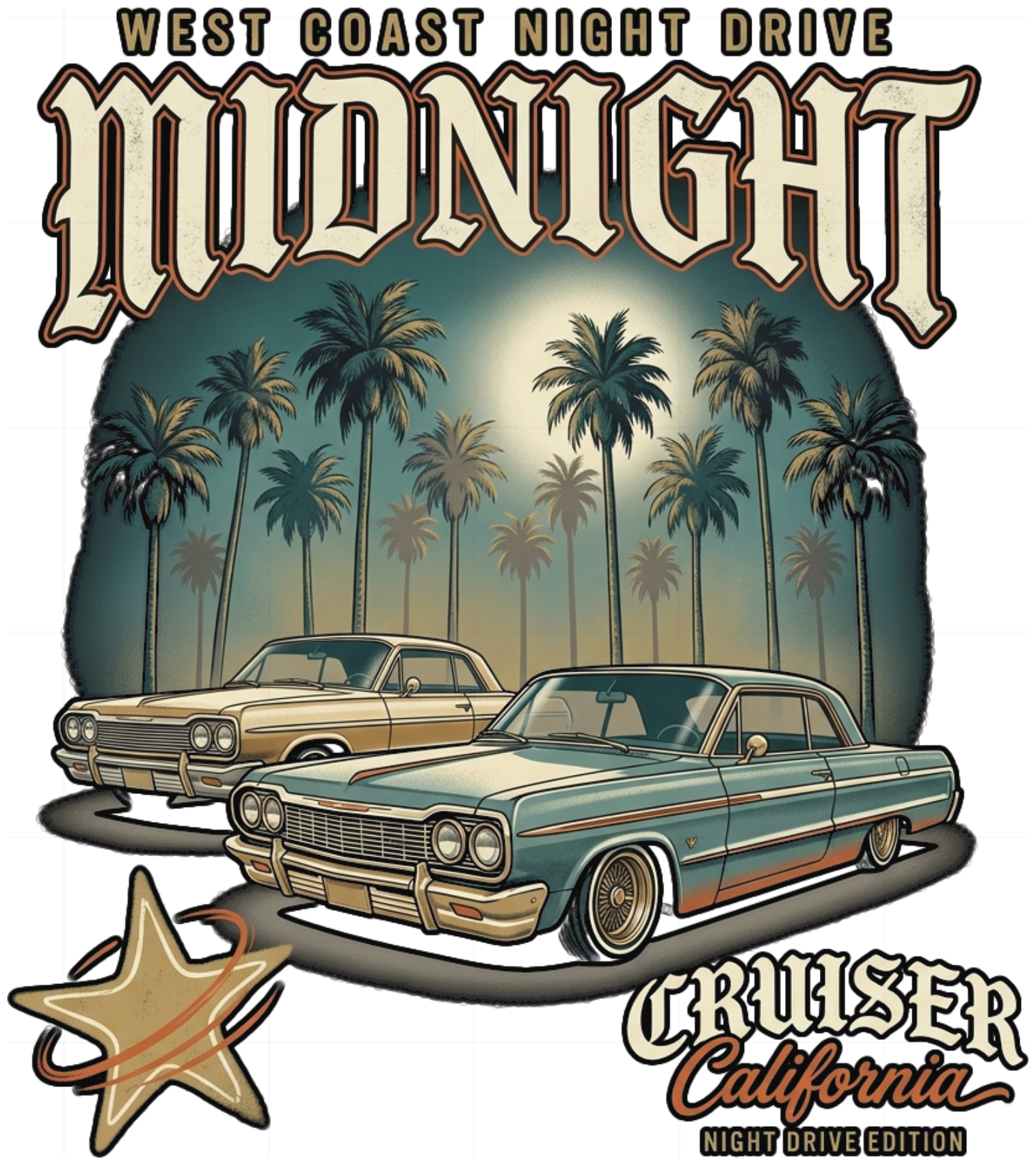 Áo Thun Unisex Cotton Form Rộng Streetwear Vintage California Midnight Lowrider - 100826-14-06-TWB