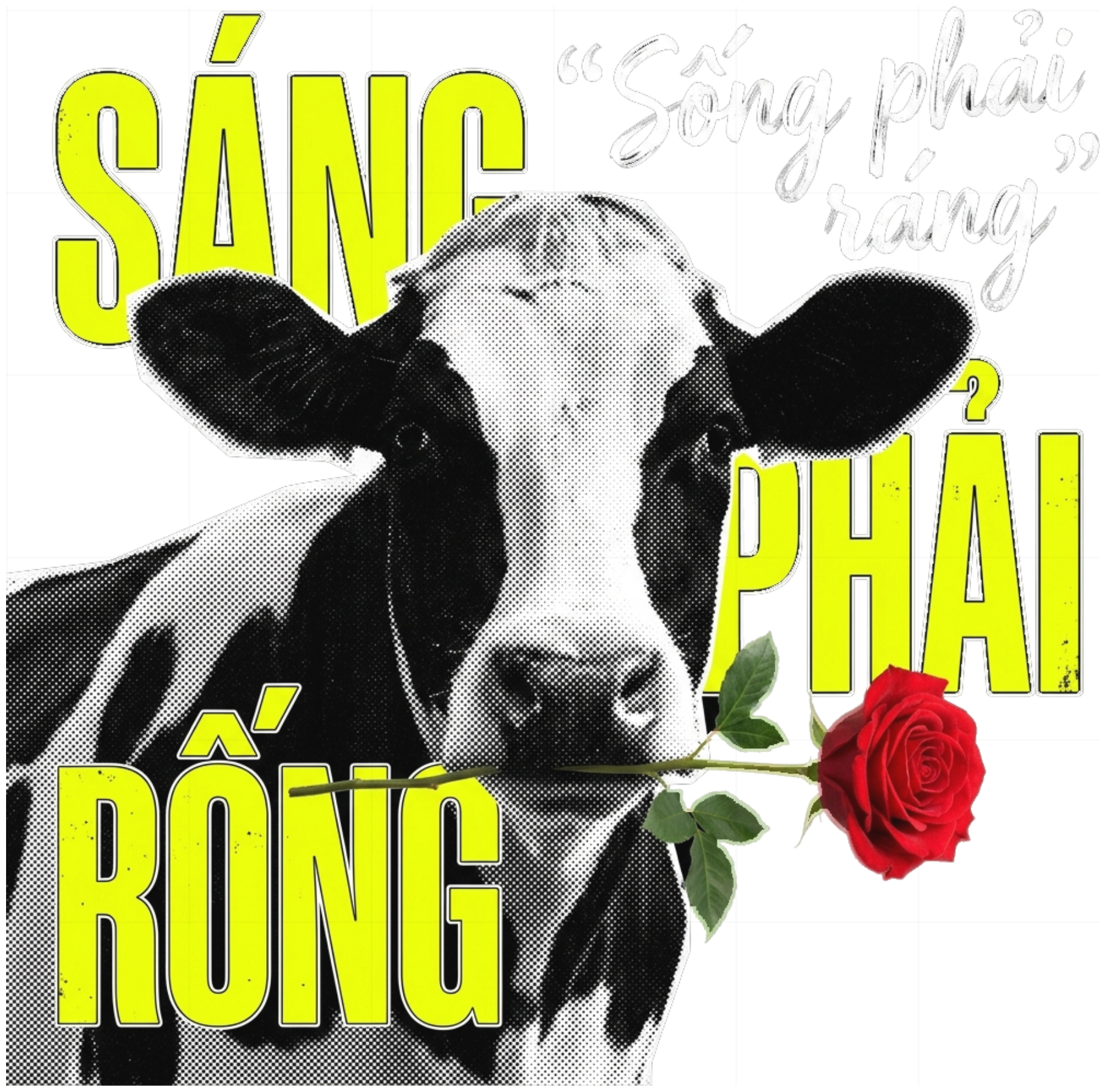 Áo Thun Hình In Bò Sữa Ngậm Hoa Hồng Xerox Punk Sống Phải Ráng Cotton 100% Form Rộng Streetwear - 100826-15-50-LZJ
