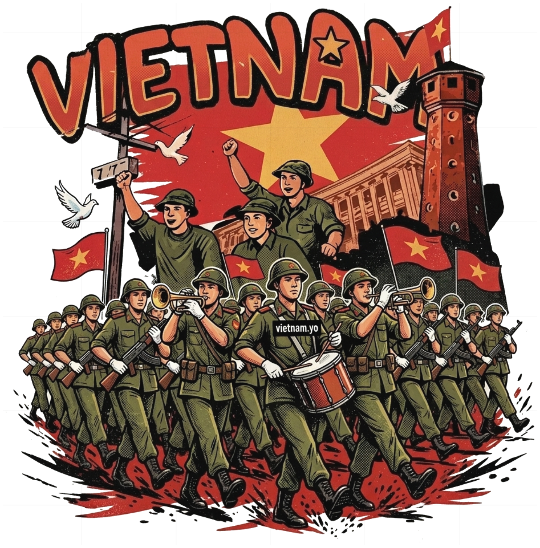Áo Phông Trắng VIETNAM Retro Propaganda Phong Cách Cổ Điển 140726-09-19-KBM