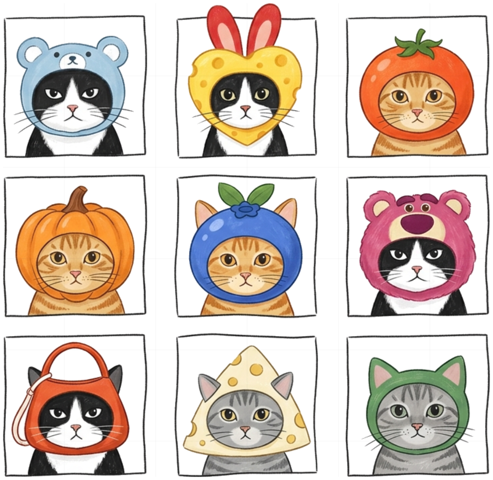 Áo thun unisex in hình mèo VNXK HAMCHOI Trắng form rộng Kawaii Cats Grid Tee - 140926-10-21-WRH