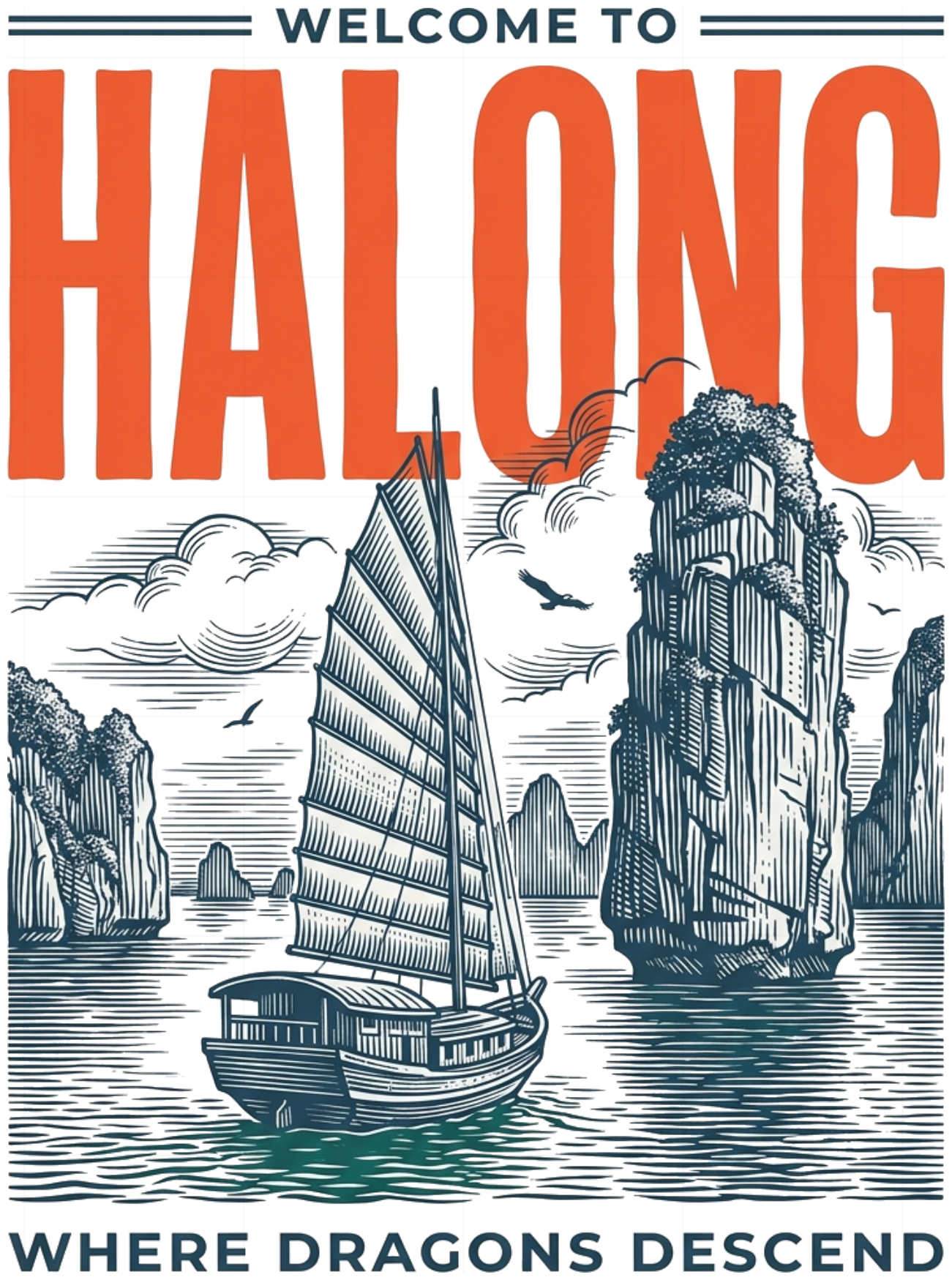 Áo thun Ha Long Bay Vintage Woodcut Unisex Form Rộng Cotton Cao Cấp - 140926-15-01-QET