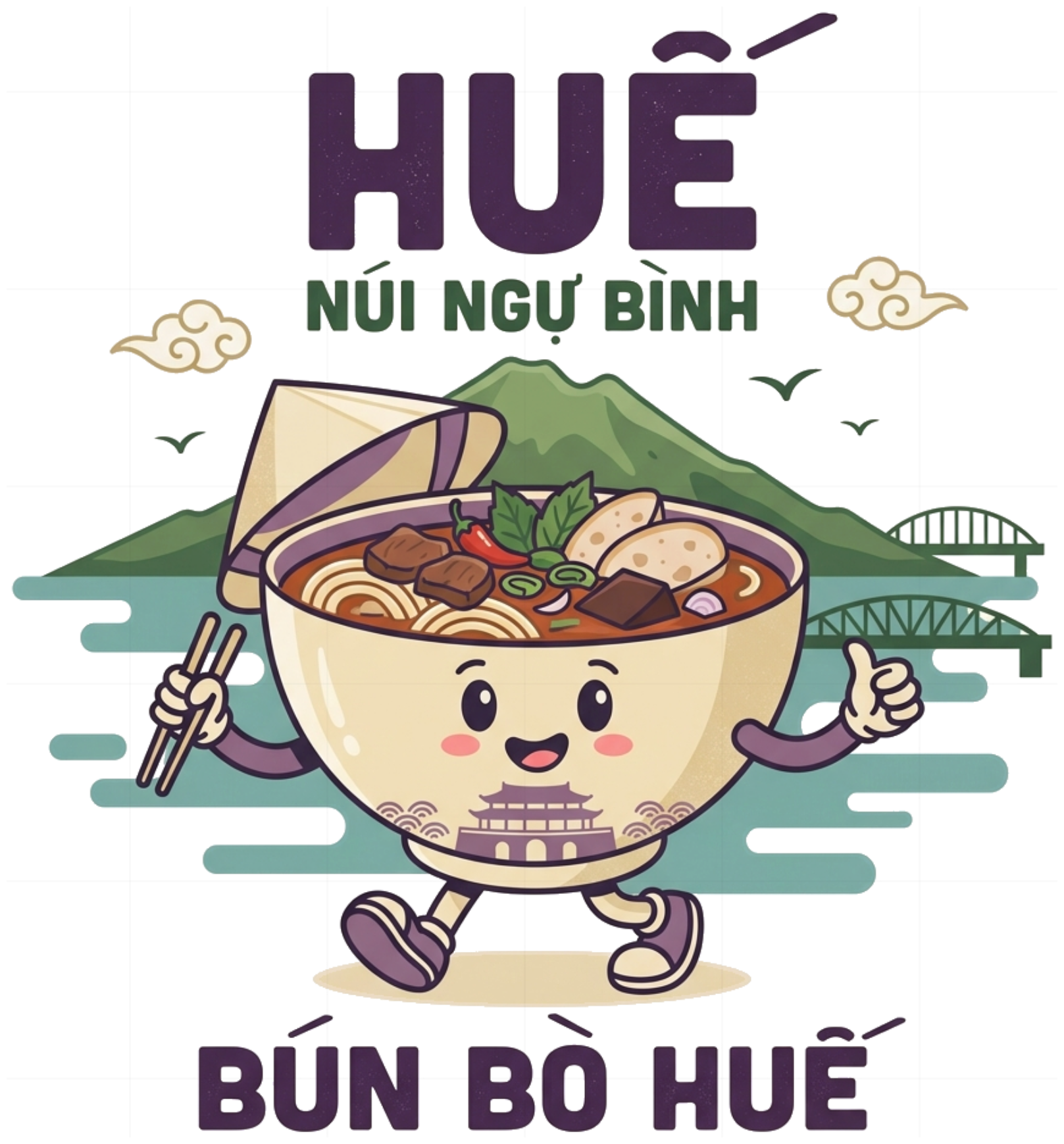 Áo Thun Trắng In Mascot Bún Bò Huế & Núi Ngự Bình Unisex Cotton Co Giãn Cực Chất - 150826-14-14-KOB