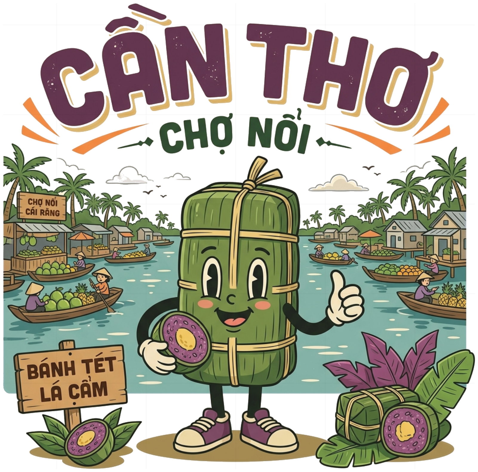 Áo Thun Cần Thơ Mascot Bánh Tét Lá Cẩm Chợ Nổi Form Rộng Retro Cotton Cao Cấp - 150826-14-59-WOD