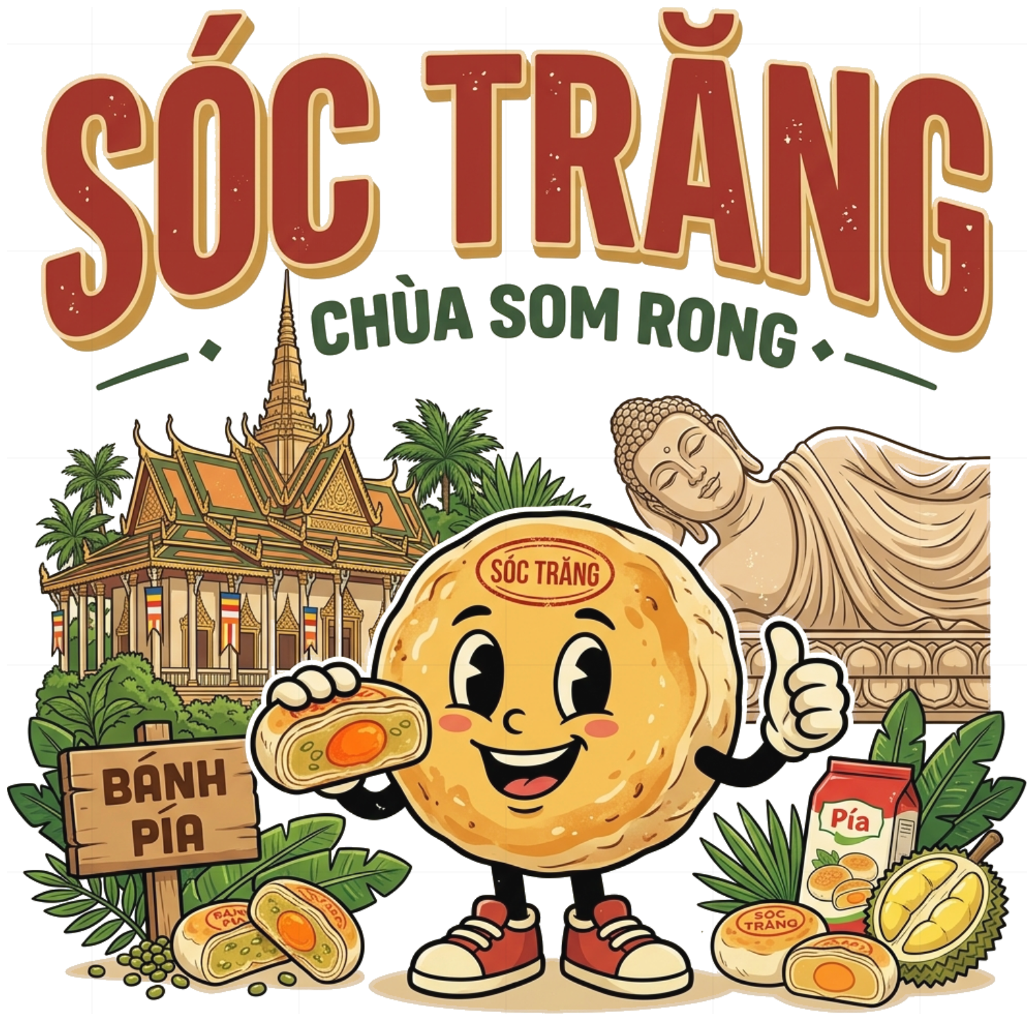 Áo Thun Sóc Trăng Bánh Pía Chùa Som Rong Mascot Retro Cotton Form Rộng Unisex - 150826-15-09-DUN