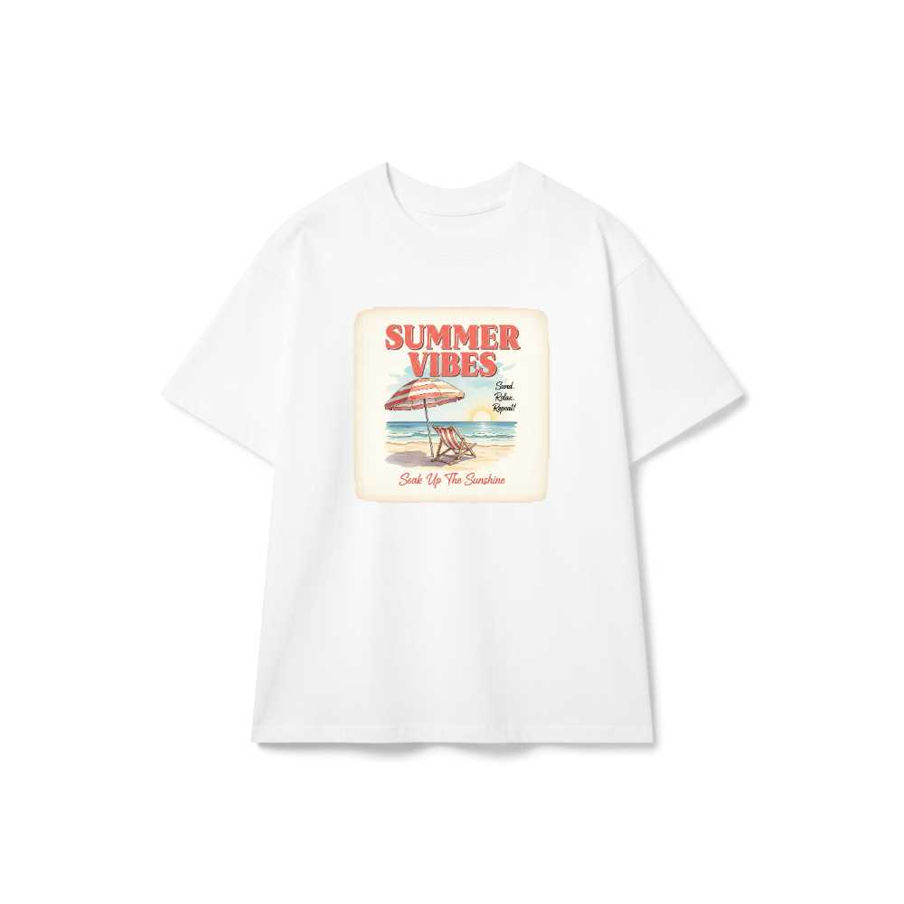 Áo Thun Trắng Summer Vibes Phong Cách Vintage Retro Coastal Form Rộng Cotton - 160626-14-03-IKO