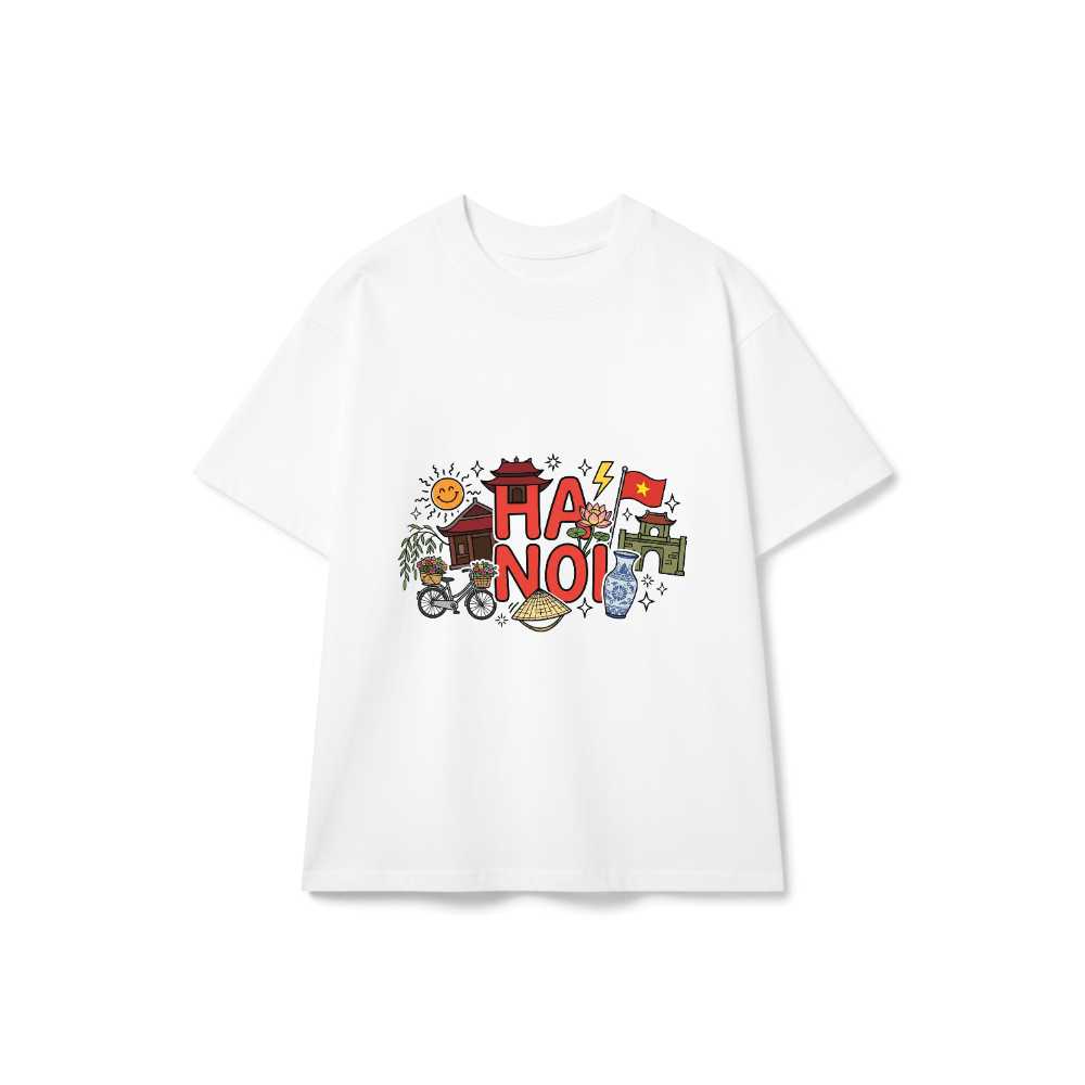 Áo thun Hà Nội VNXK HAMCHOI Trắng cotton form rộng Hanoi City Sticker Tee - 160726-14-02-CYF