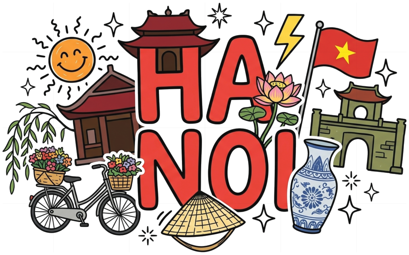 Áo thun Hà Nội VNXK HAMCHOI Trắng cotton form rộng Hanoi City Sticker Tee - 160726-14-02-CYF