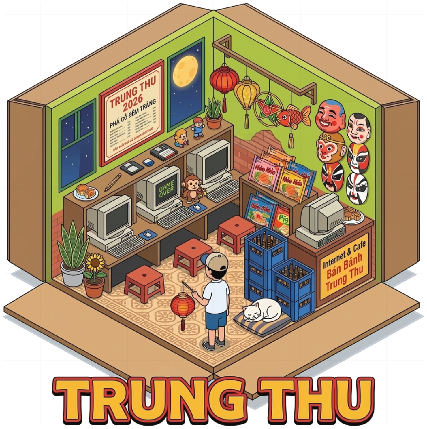 Áo Thun Hình In Trung Thu Internet Cafe 2003 Retro Unisex Cotton Form Rộng Streetwear - 180826-10-33-MFN
