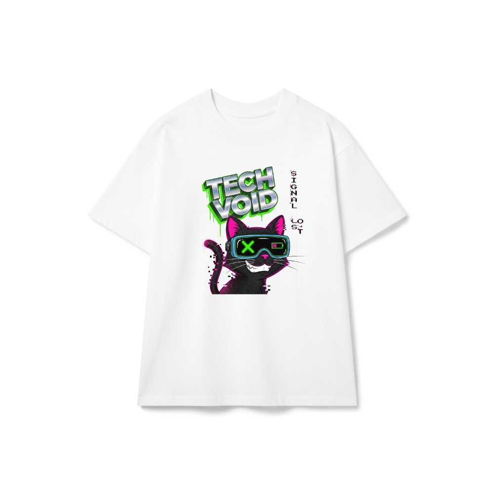 Áo thun Unisex Trắng TECH VOID Mèo Đen Y2K Streetwear Cotton Form Rộng 190626-14-04-ABC