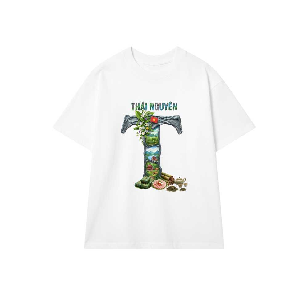 Áo Thun Unisex Thái Nguyên Design - Áo Phông Trắng Cotton Cao Cấp In Hình Đồi Chè Tân Cương & Hồ Núi Cốc Cực Chất - 210426-14-31-QCO
