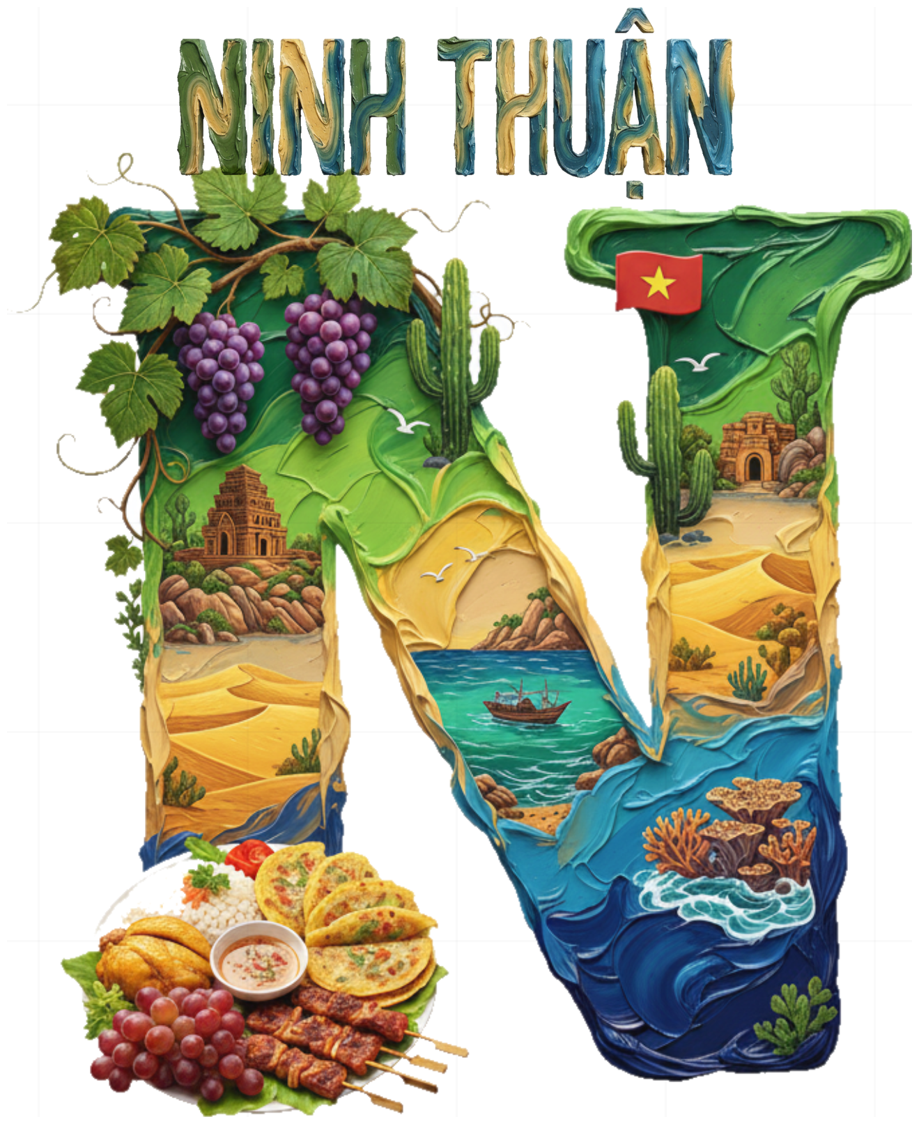 Áo Thun Ninh Thuận Unisex - Form Rộng Cotton 100% Nghệ Thuật - In Hình Đặc Sản Phan Rang Vịnh Vĩnh Hy Du Lịch Việt Nam - 210426-14-52-KEP