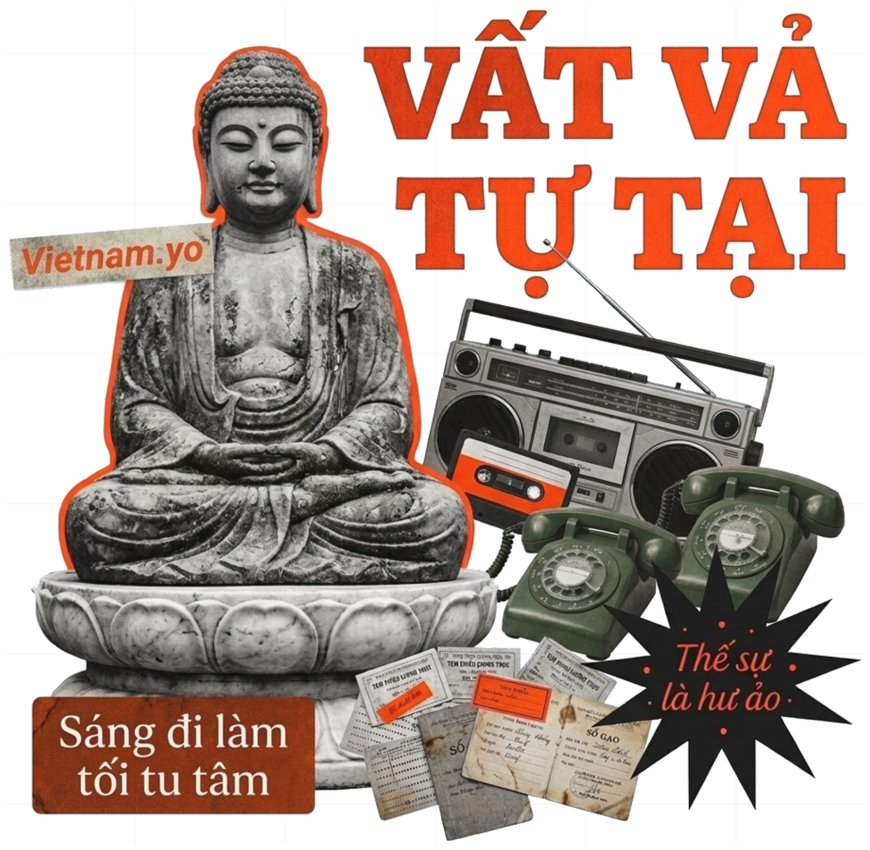 Áo Thun In Hình Retro Buddha Collage Art Form Rộng Cotton Unisex Cực Chất - 210726-15-29-VAE