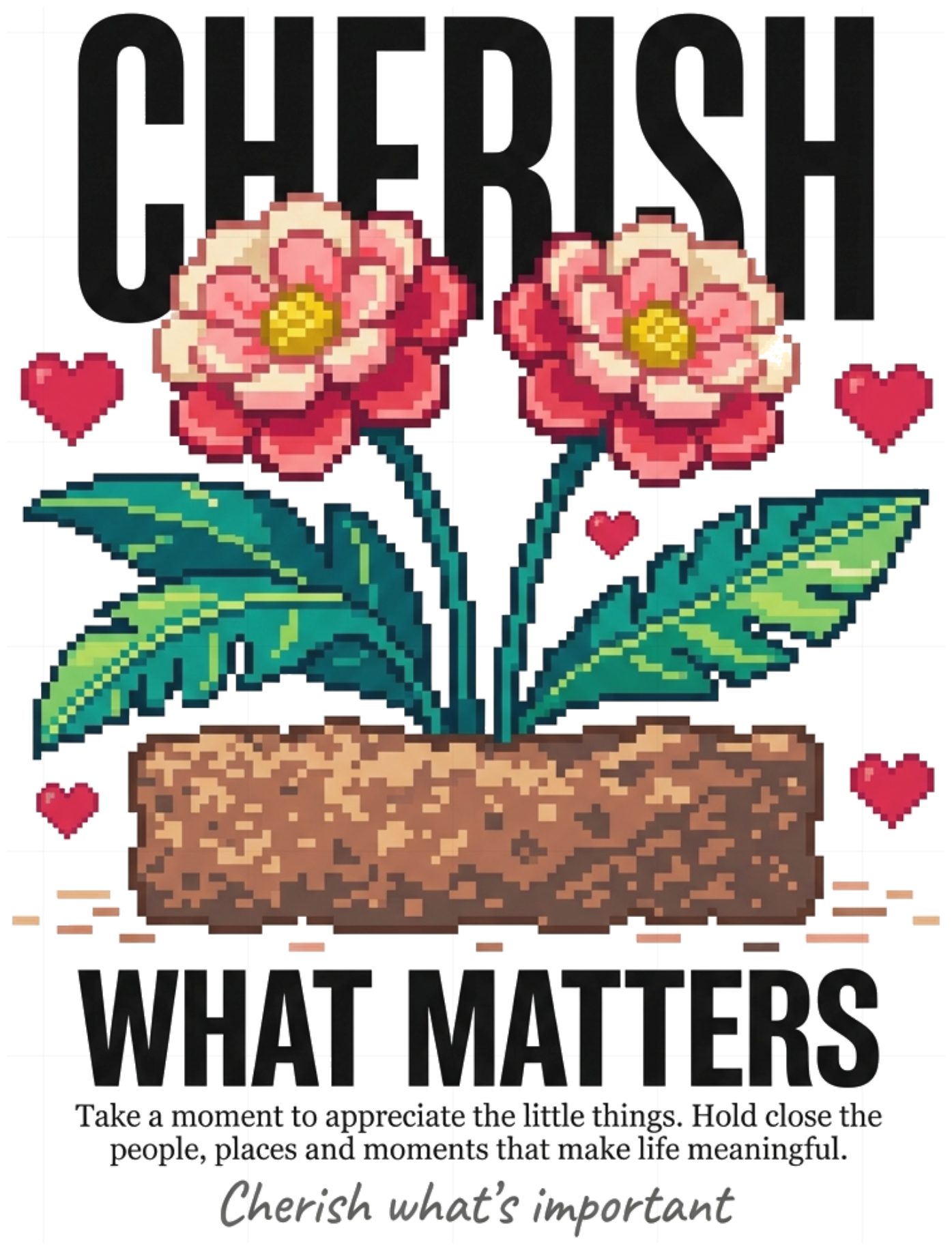 Áo Thun Unisex Pixel Art Retro Botanical Cherish What Matters Form Rộng Cotton Cực Chất - 240826-14-21-ZGQ