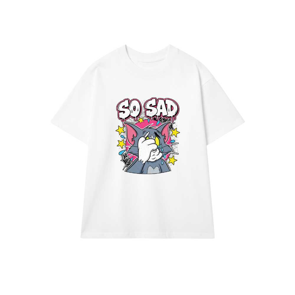 Áo Thun Unisex Phông Trắng Tay Lỡ Form Rộng Y2K Streetwear - Graphic Mèo Tom So Sad Graffiti 90s Cực Chất Cho Nam Nữ - 270526-11-59-YDT