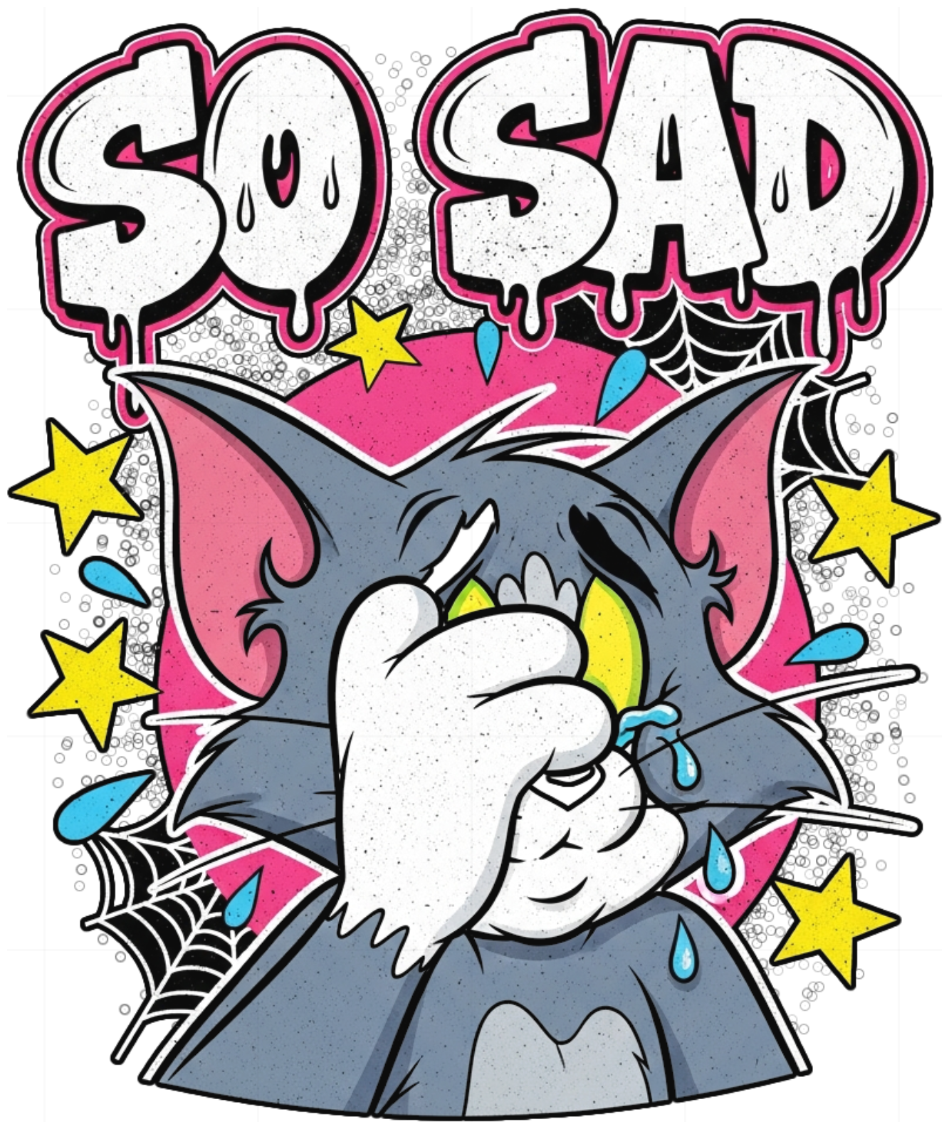 Áo Thun Unisex Phông Trắng Tay Lỡ Form Rộng Y2K Streetwear - Graphic Mèo Tom So Sad Graffiti 90s Cực Chất Cho Nam Nữ - 270526-11-59-YDT