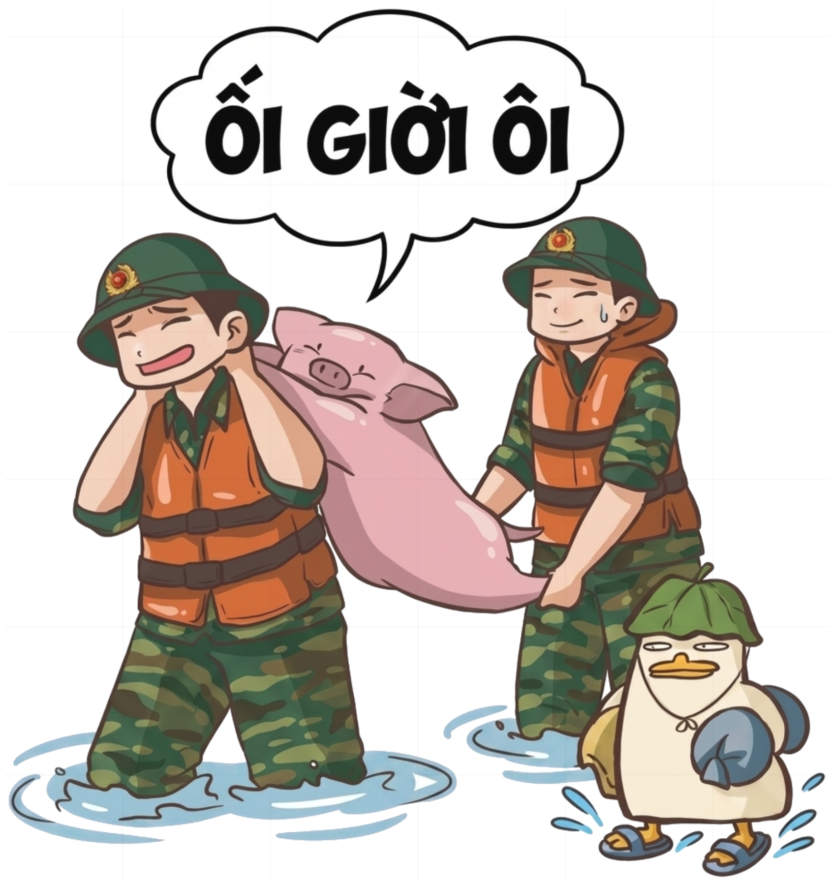 Áo Thun Hình In Chibi Người Lính Và Chú Heo Ối Giời Ôi Unisex Form Rộng Cotton Trendy 270826-15-16-TBQ