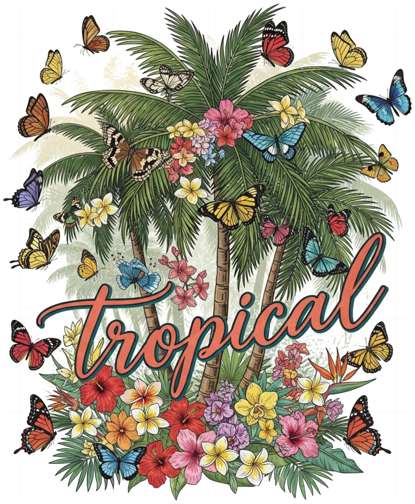 Áo Thun Unisex Form Rộng Tropical Rừng Dừa & Bướm Bay - Áo Phông Trắng Đi Biển Chất Cotton Co Giãn Trendy 2024 - 290526-16-58-CKK