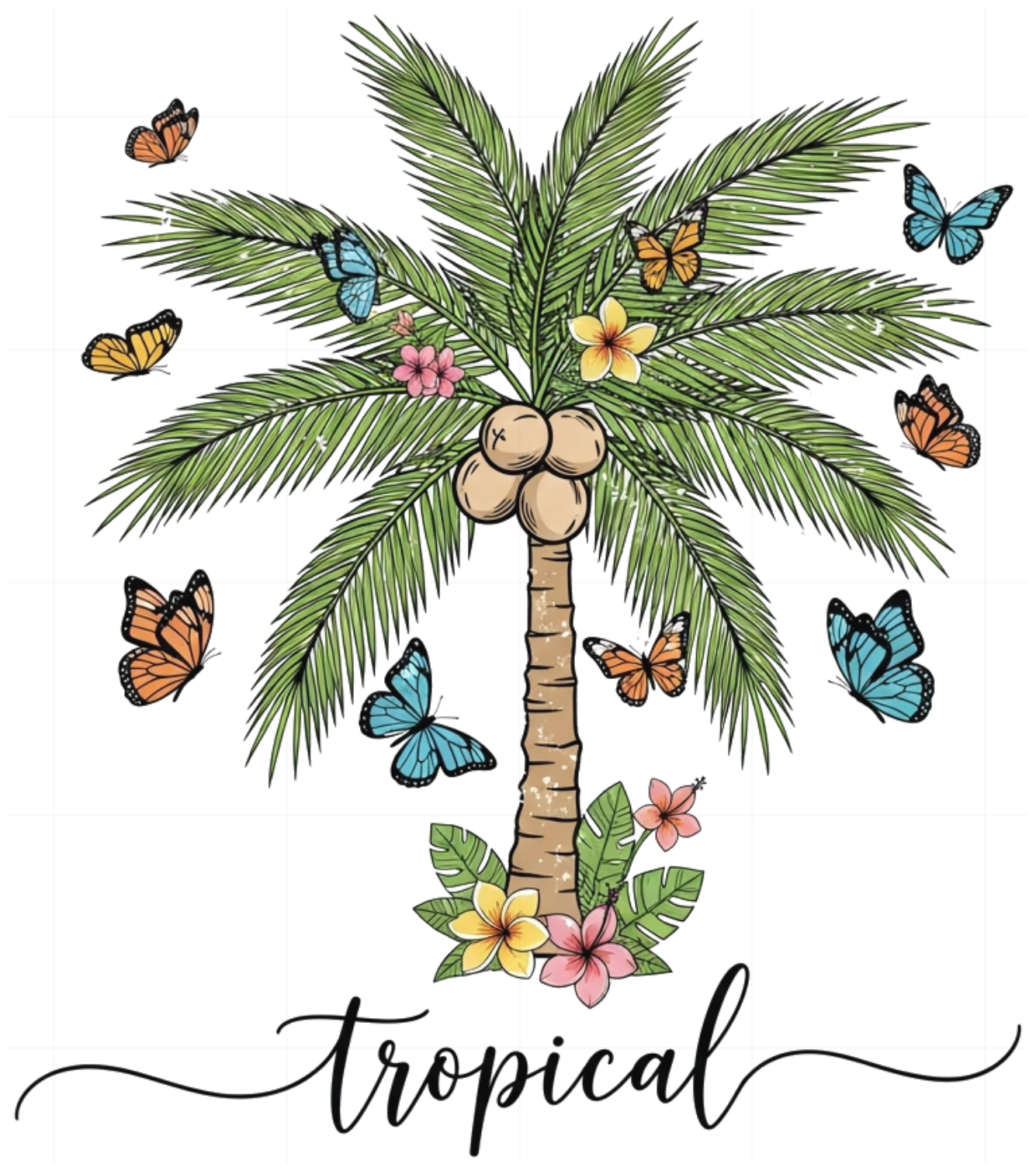 Áo Thun Trắng Unisex Form Rộng Cotton Tropical Đi Biển Cực Chất - Họa Tiết Cây Dừa & Bướm Hoa Design - 290526-17-01-YIU