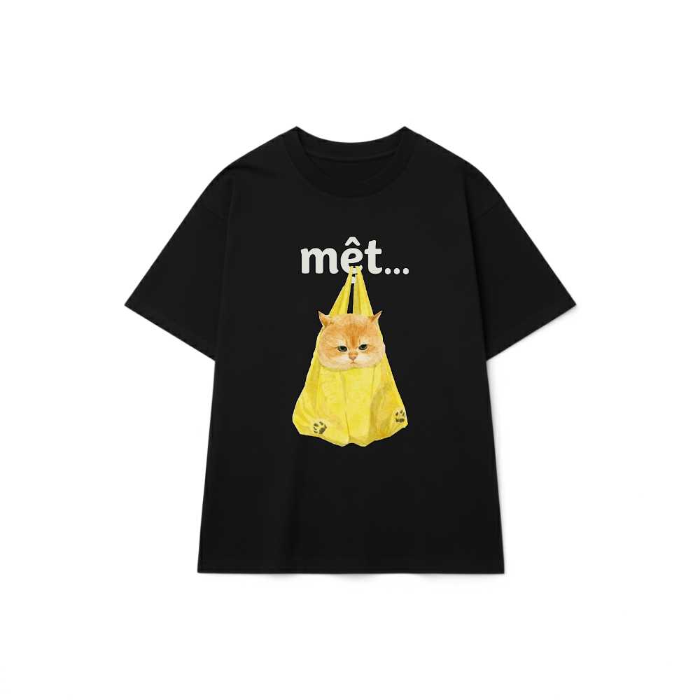 Áo thun Unisex In Hình Mèo Mệt Mỏi Mèo Trong Túi Nilon Cotton Form Rộng Trendy - 300926-11-29-CNA