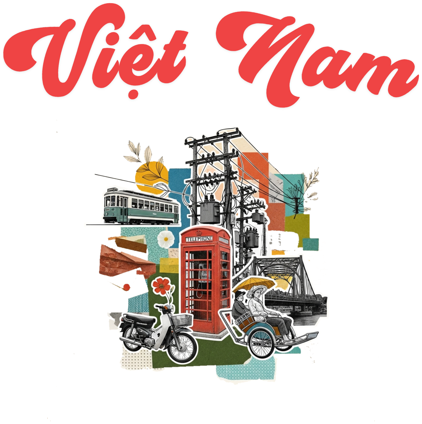 Áo Thun Trắng Việt Nam Retro Scrapbook Hà Nội Nghệ Thuật - 010426-14-50-TFS
