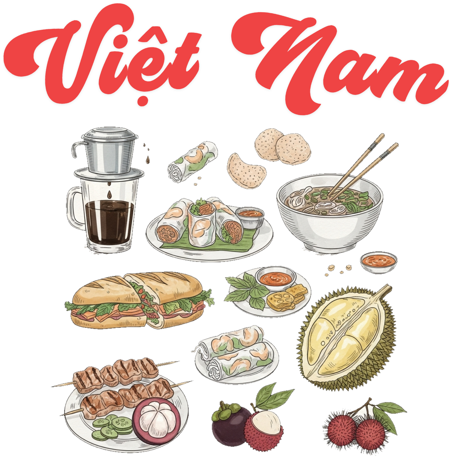 Áo Thun Trắng In Hình Ẩm Thực Việt Nam Vintage - 010426-17-26-QHH