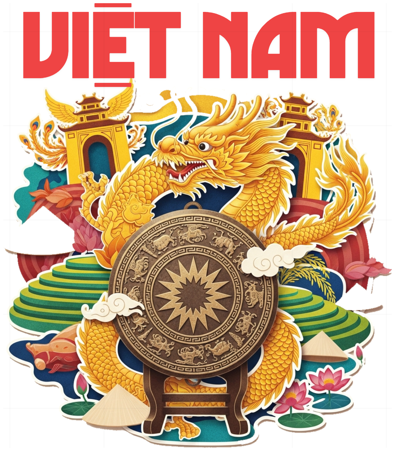 Áo Thun Trắng Việt Nam Họa Tiết Trống Đồng Rồng Lý - 040426-14-50-TNF