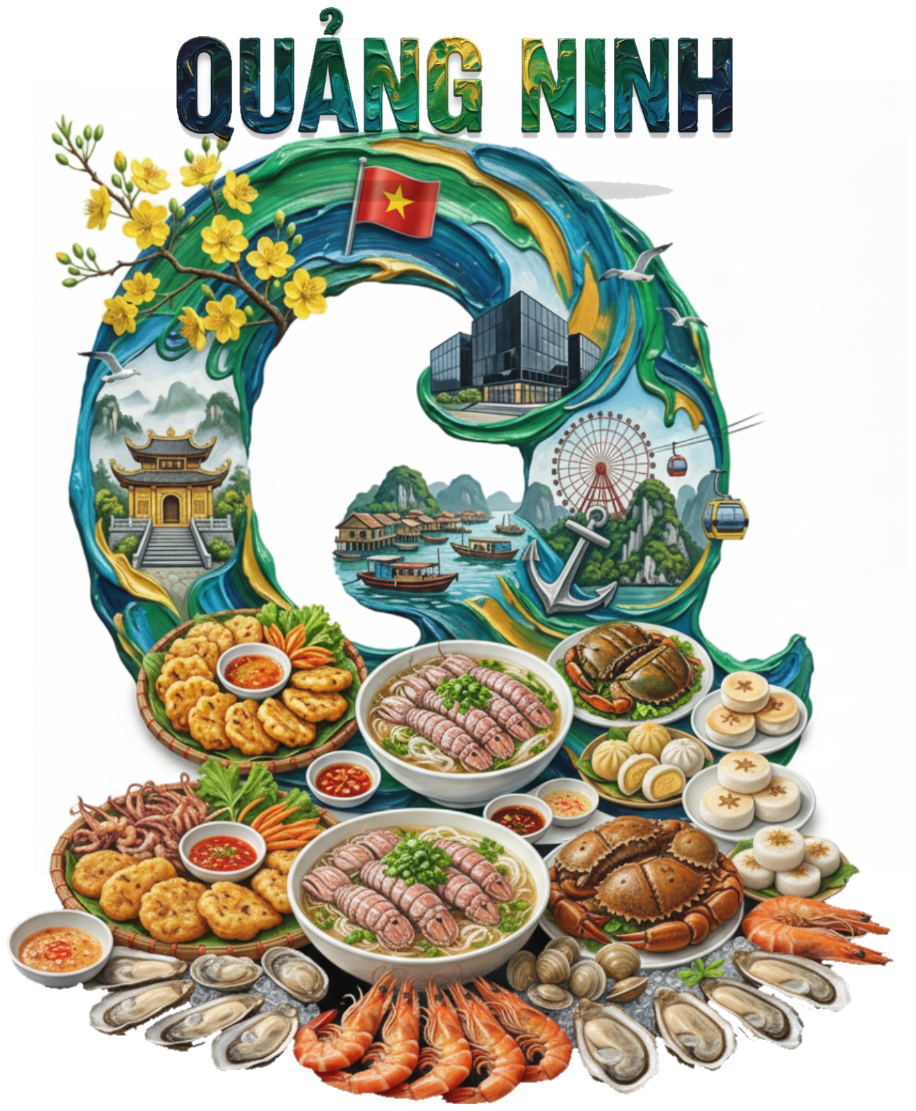 Áo Thun Quảng Ninh Chữ Q Hải Sản Nghệ Thuật - Áo Phông Du Lịch Hạ Long Form Unisex Cotton Trendy - 170426-14-59-AII