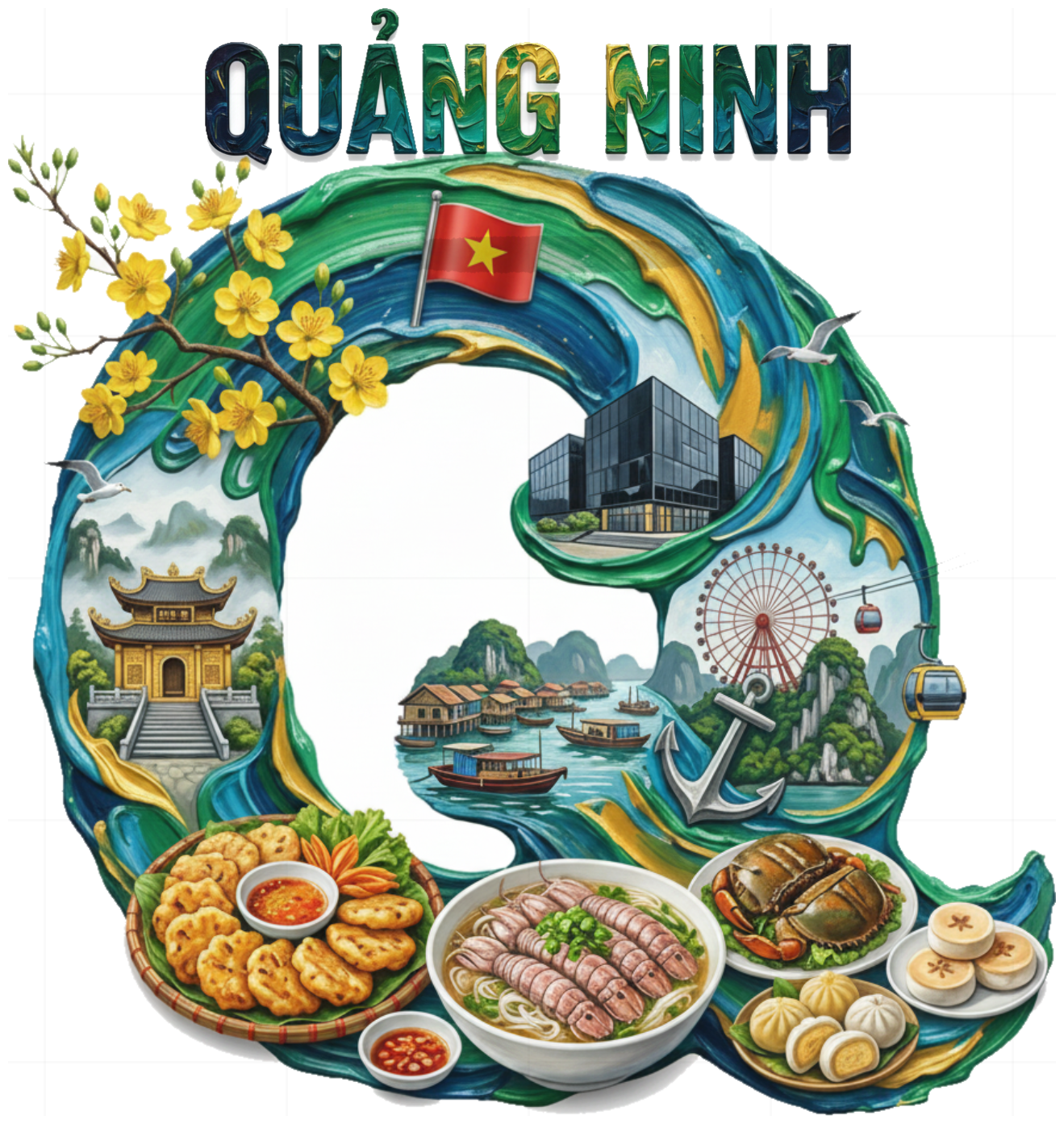 Áo Thun Quảng Ninh Unisex Cotton - Thiết kế Chữ Q Nghệ Thuật Hải Sản và Danh Thắng Hạ Long - Form Rộng Xu Hướng Du Lịch 170426-14-59-VUO