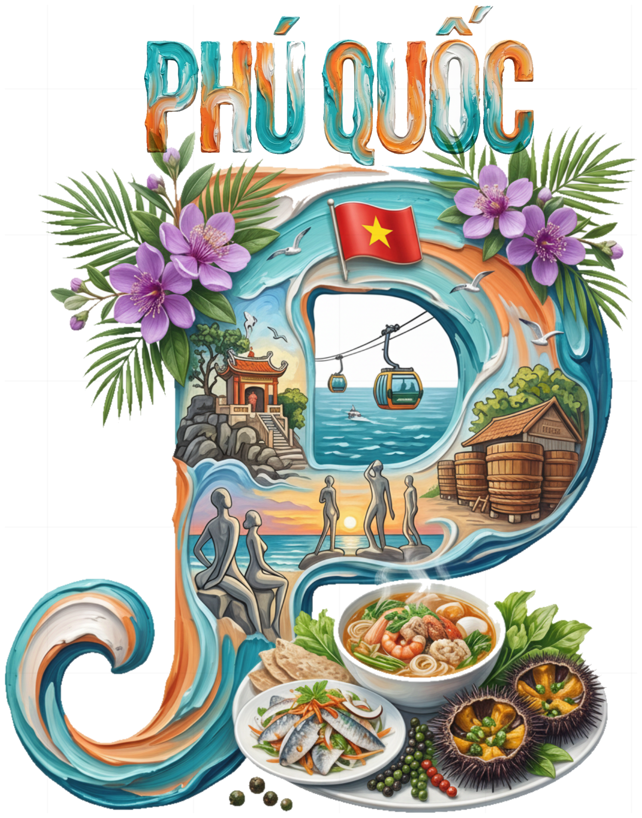 Áo Thun Unisex Form Rộng Cotton Cao Cấp - Thiết Kế Chữ P Phú Quốc Nghệ Thuật - Phông Trắng Basic Du Lịch Check-in Cực Chất - 200426-15-34-XHE