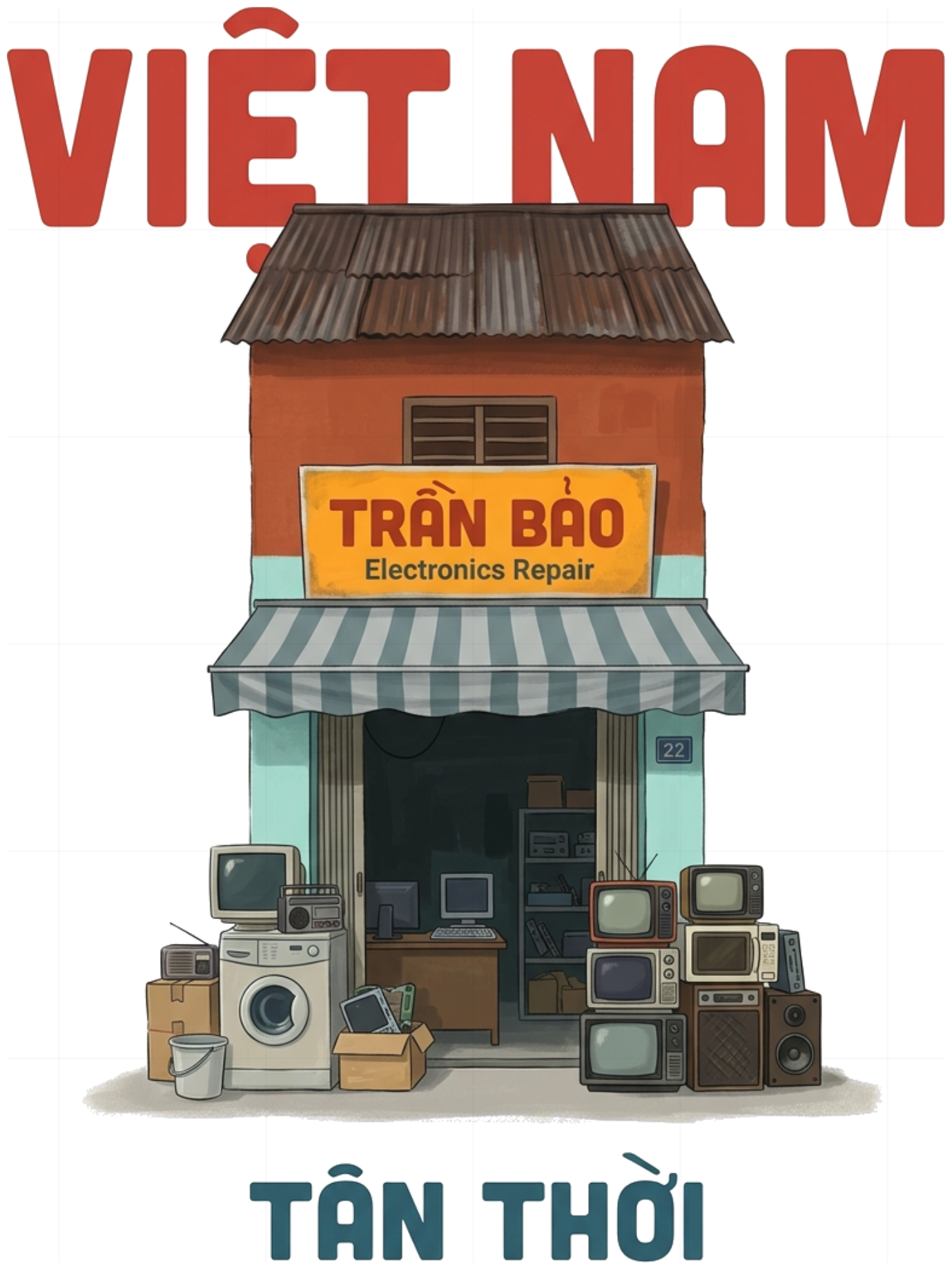 Áo Thun Trắng Việt Nam Tân Thời - Tiệm Sửa Điện Tử Vintage Cotton 100% Form Rộng Unisex - 290726-11-42-DQF