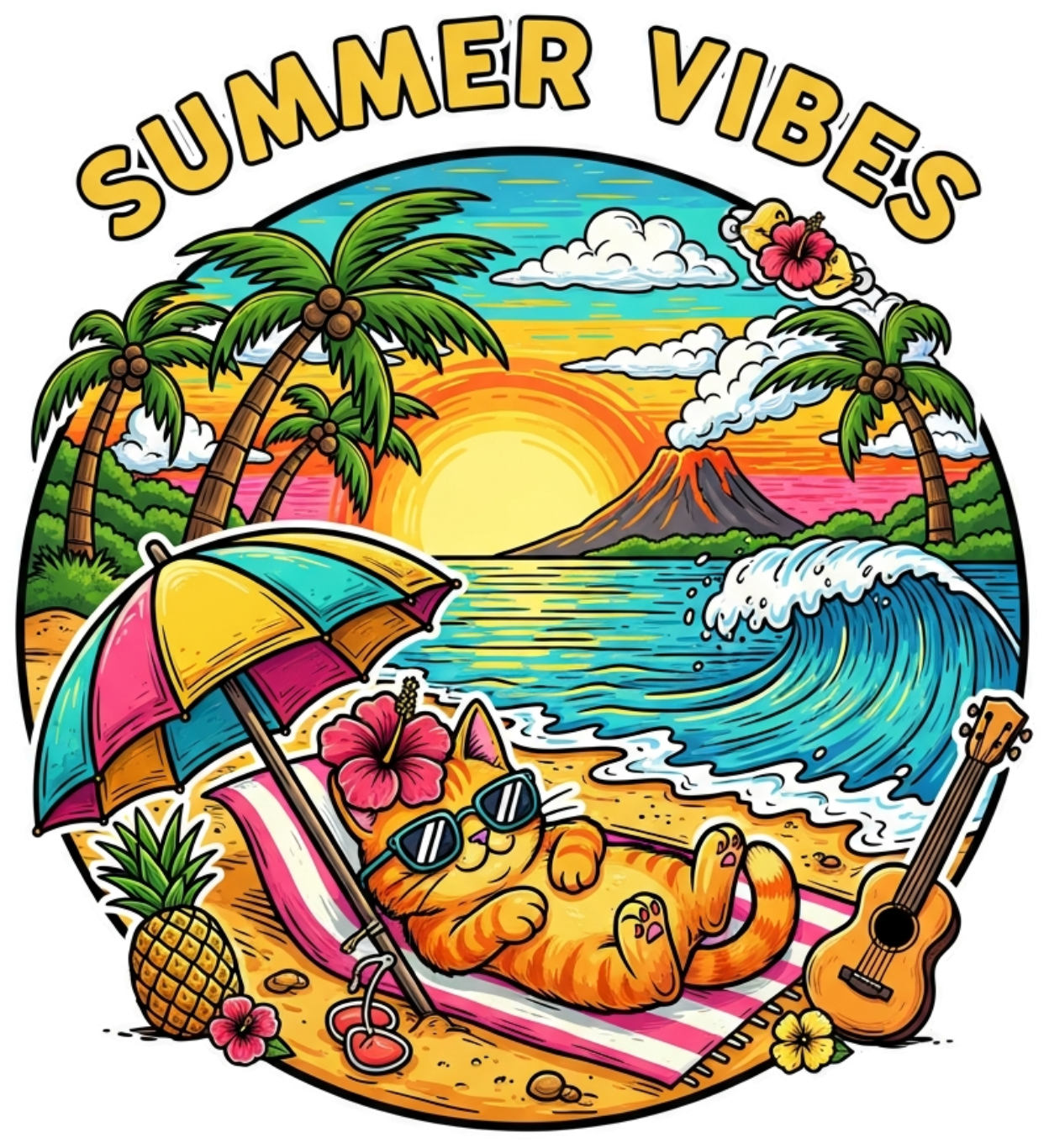 Áo Thun Màu Kem Họa Tiết Mèo Tắm Nắng Summer - 310326-16-09-RSV